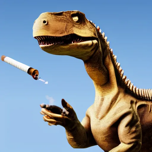 Image similar to a realistic photo of a dinosaur standing on two legs smoking a cigarette in their mouth hdr professional shot, full body