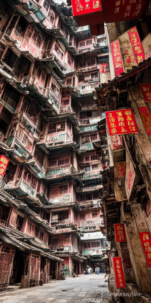 Image similar to an interior view of Kowloon walled city in Hong Kong, very detailed, photoreal, 8k, canon 20mm lens