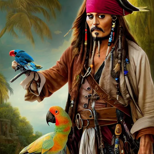 Prompt: jack sparrow with a parrot on the shoulder, portrait, 8k resolution, hyper detailed