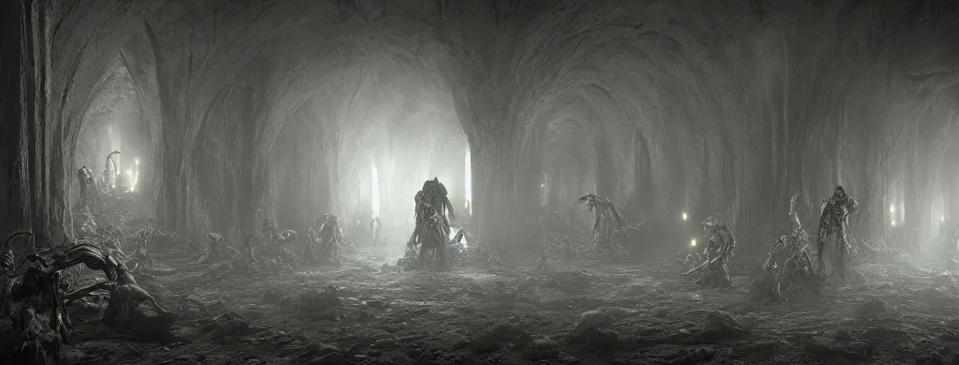 Prompt: dark fantasy catacombs, inside the infernal hall, undead demon guard figures, ethereal, ominous, dramatic cinematic lighting, volumetric 8 k, cryengine, by h. r. giger and zdizslaw beksinski, elden ring