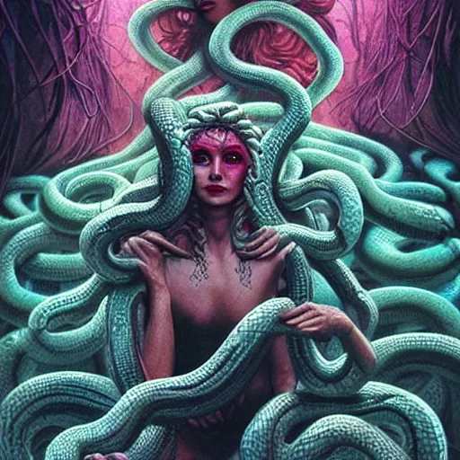 Prompt: Beautiful medusa woman sitting covered in snakes,full character, melting ,8k,by tristan eaton,Stanley Artgermm,Tom Bagshaw,Greg Rutkowski,Carne Griffiths, Ayami Kojima, Beksinski, Giger,trending on DeviantArt,face enhance,hyper detailed,minimalist,horror, android, full of colour