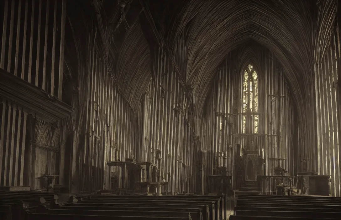 Image similar to detail of a past world in this church interior, vertical lines suggest spirituality, rising beyond human reach toward the heavens. gnarly intact flawless ambrotype from 4 k criterion collection remastered cinematography gory horror film, ominous lighting, evil theme wow photo realistic postprocessing animatronics painting by claude gellee