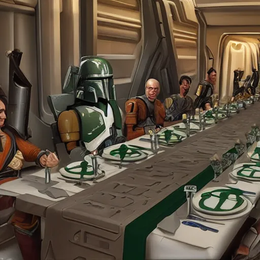 Prompt: the Fett's family banquet on Kamino