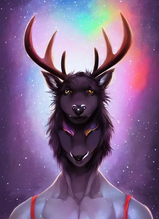 Image similar to award winning beautiful portrait commission of a male furry anthro Black Reindeer fursona with a tail, wings and a cute beautiful attractive detailed furry face wearing stylish black and rainbow galaxy clothes in a outerspace city at night while it rains. Character design by charlie bowater, ross tran, artgerm, and makoto shinkai, detailed, inked, western comic book art