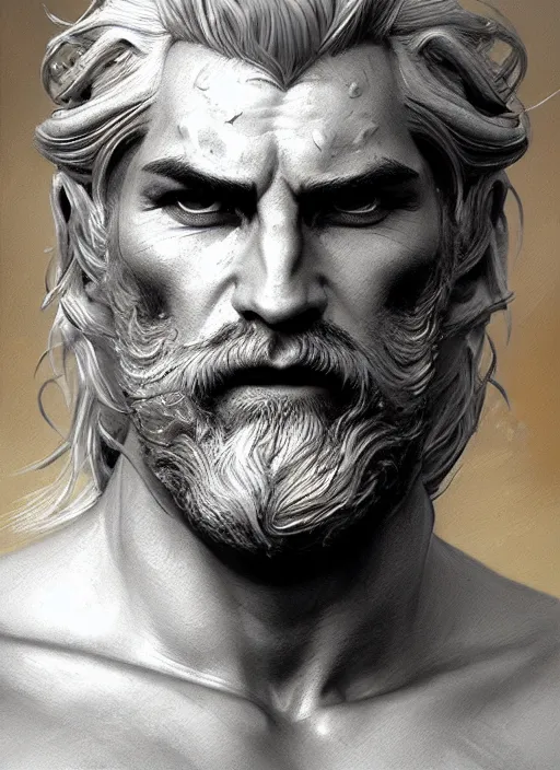 Image similar to painted portrait of rugged zeus, greek god, white hair, masculine, mature, handsome, upper body, muscular, hairy torso, fantasy, intricate, elegant, highly detailed, digital painting, artstation, concept art, smooth, sharp focus, illustration, art by gaston bussiere and craig mullins