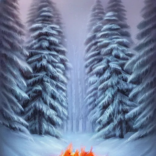 Prompt: winter wonderland, fantasy, white color pallet, campfire, forest trees covered in snow, extremely detailed, by bob ross, falling snow, trending on artstation, 8 k