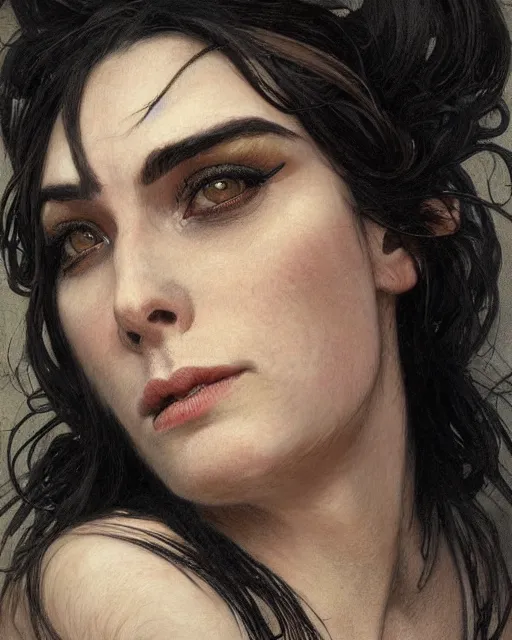 Image similar to portrait of a tall 4 0 - year - old woman with thin lips, long, voluminous black hair, and thick eyebrows, wearing in black clothes, hyper realistic face, beautiful eyes, close up, fantasy art, in the style of greg rutkowski, intricate, alphonse mucha, hyper detailed, smooth