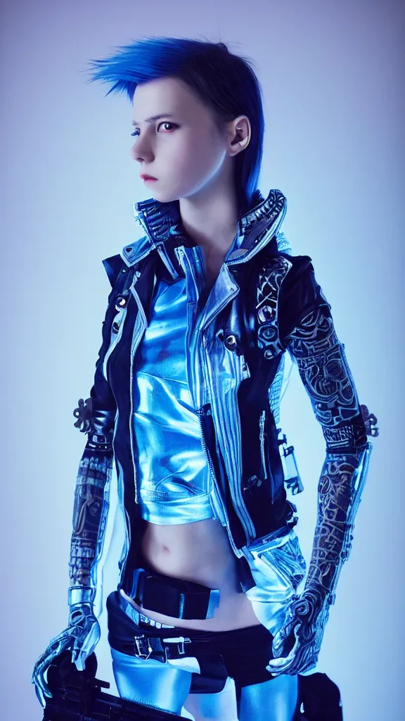 Image similar to full body shot of young woman punk dressed in cyberpunk clothing, soft blue light, by rineke dijkstra and artgerm, intricate details, highly detailed, sharp focus, masterpiece, 8 5 mm