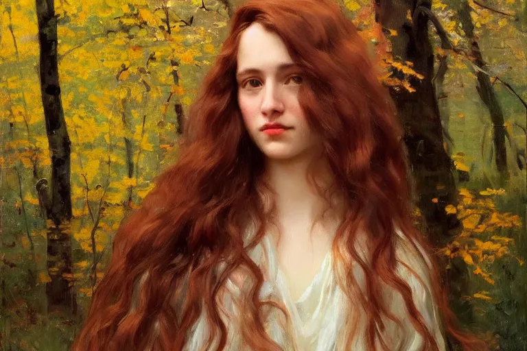 Prompt: how i wish i could see the autumn, when the leaves start to turn to the color of your hair, oil on canvas, close up portrait of a beautiful woman, long wavy hair, shiny, with shades of yellow, brown and red, in a forest in autumn, by jeremy lipking, john singer sargent