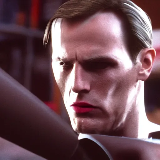 Image similar to Leon Scott Kennedy as The American Psycho, sweating intensely, cinematic still