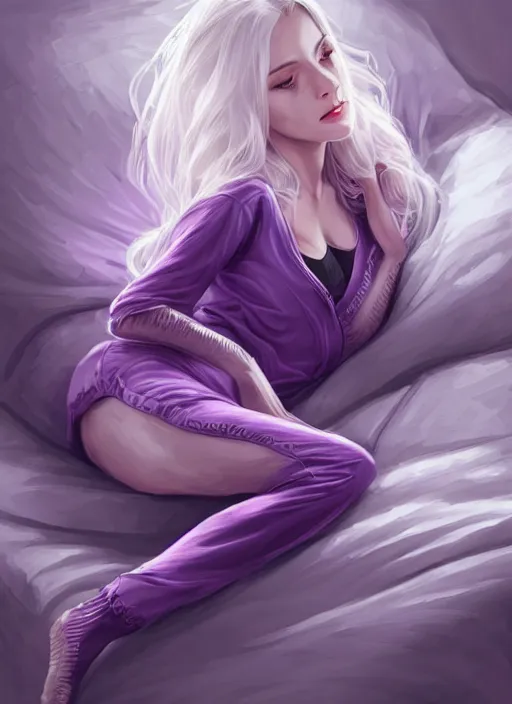 Image similar to a highly detailed illustration of beautiful silver haired woman wearing purple onesie floating on pillow, dramatic floating pose, sleepy expression, intricate, elegant, highly detailed, centered, digital painting, artstation, concept art, smooth, sharp focus, league of legends concept art, wlop