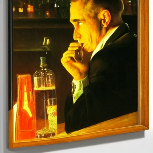 Prompt: a portrait of a man in the 1 9 6 0 s drinking alone in a bar late at night, strong dramatic orange and yellow lighting, by norman rockwell