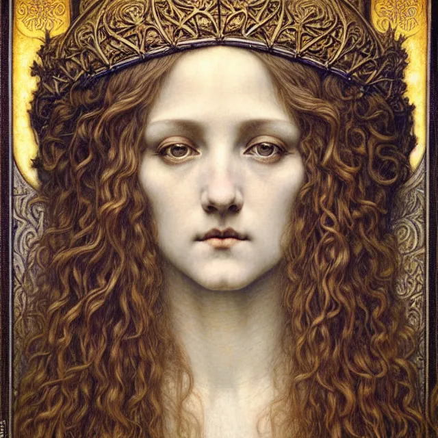 Image similar to detailed realistic beautiful young medieval queen face portrait by jean delville, gustave dore and marco mazzoni, art nouveau, symbolist, visionary, gothic, pre - raphaelite. horizontal symmetry