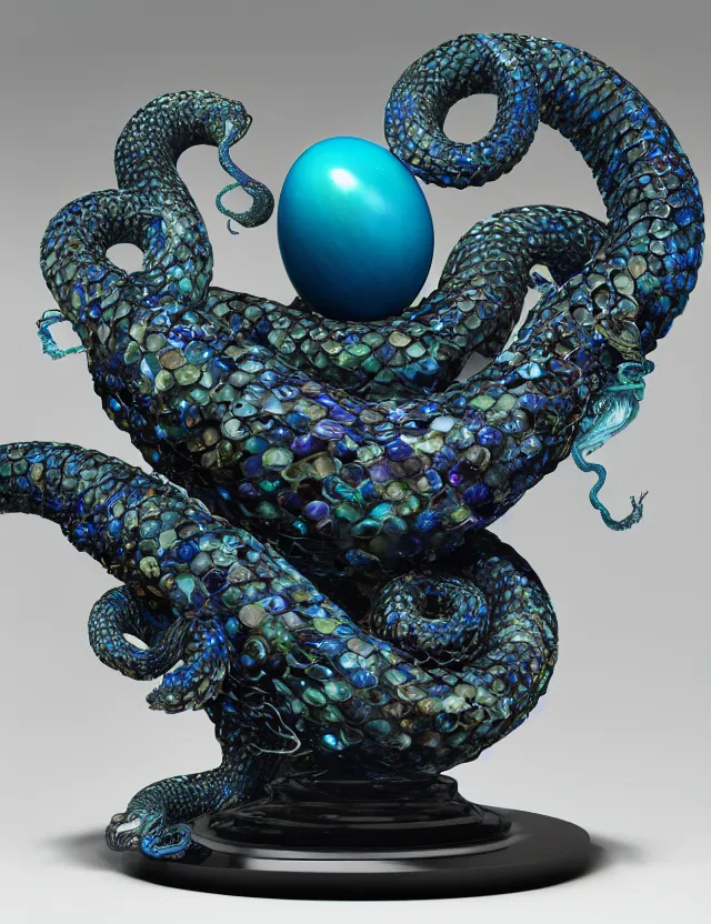 Image similar to a photo of a sculpture of snakes with wings made from blue and emerald and amethyst crystal geode formations encircling a marble egg on a base of obsidian made with liquid gold tendrils flowing by ellen jewett by stanisław szukalski, octane render, recursive, tendrils, elestial crystals, geode, refracted light