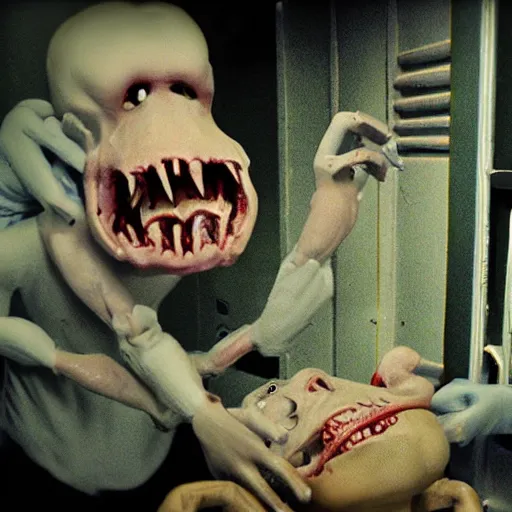 Prompt: A photo of a morgue worker being devoured by an evil and horrific disgusting disturbing traumatic grotesque amorph entity inside a morgue room in the style of claymation