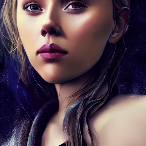 Image similar to Scarlett Johansson and Elizabeth Olsen crossbreed, illustrated and rendered by Xie Boli, trending on artstation, 4k, 8k, photorealistic imagery, photorealistic details, intricate, highly detailed