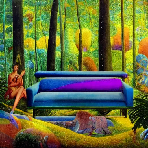 Prompt: psychedelic couch sofa in the lush pine forest, milky way, designed by arnold bocklin, jules bastien - lepage, tarsila do amaral, wayne barlowe and gustave baumann, cheval michael, trending on artstation, star, sharp focus, colorful refracted sparkles and lines, soft light, 8 k 4 k