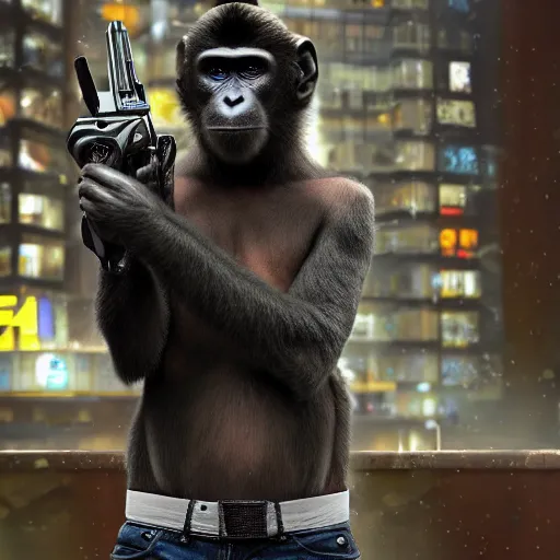 Image similar to a monkey with a revolver in his hands, real life photo, 4 k, cyberpunk, highly detailed, sharp focus - h 8 0 0