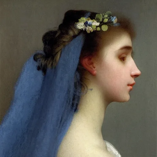 Image similar to a young woman’s face, her hair is silver, she wears a long flowing blue satin veil, by ivan aivazovsky and pieter claesz and paul delaroche and alma tadema and august malmstrom and and willen claesz heda and aelbert cuyp and gerard ter borch and alphonse mucha, hyperrealistic, volumetric light, rendered in octane, c4d