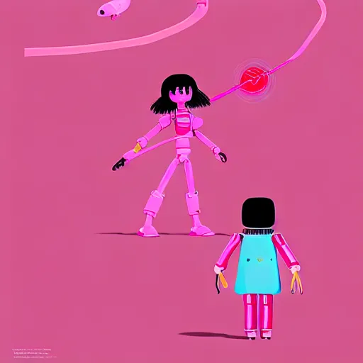 Prompt: a woman named yoshimi battles pink robots, illustrated, detailed, 4 k