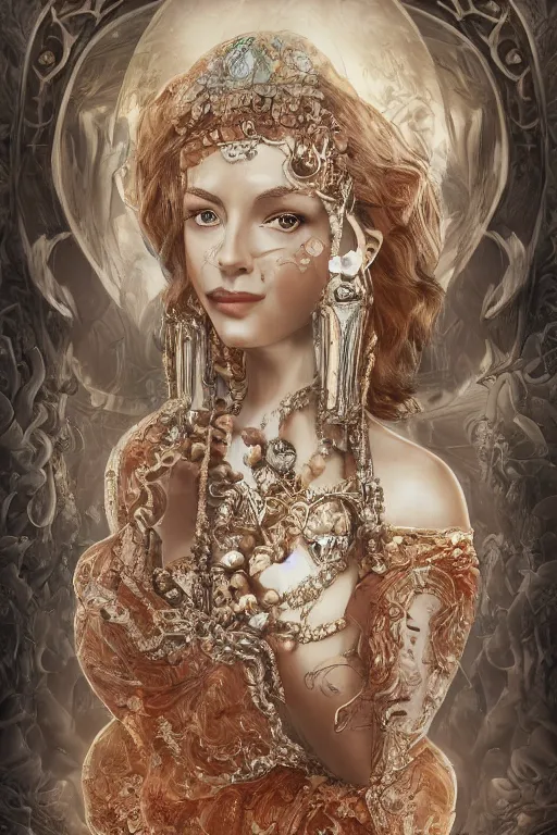 Image similar to An extremely beautiful Art Deco ornate portrait of a young attractive woman with a beautiful bone structure, professionally painted digital art illustration, smooth, sharp focus, atmospheric lighting, highly detailed illustration highlights, golden ratio, extremely detailed winning award masterpiece, very coherent symmetrical artwork, sense of awe, 8K post-processing, trending on artstation flawless, prismatic highlights, telephoto, depth of field, cinematic, macro, concept art, wepa digital, elegant, epic, octane render, v-ray, C4D