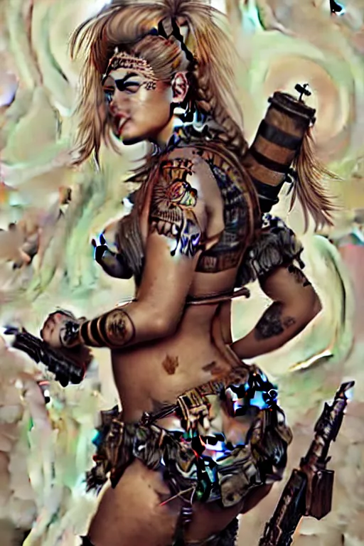Prompt: gorgeous!! hyper - realistic woman resembling kate upton as a post - apocalyptic warrior girl with tattoos & tribal face paint, bikini + tattered military gear, holding a rocket launcher | drawn by wlop, drawn by jeehyung lee, drawn by artgerm | smooth, sharp focus, intricate