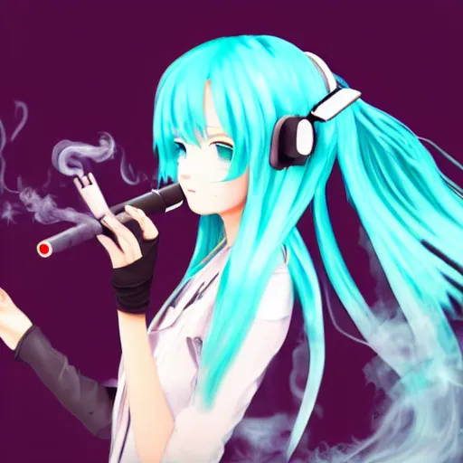 Image similar to hatsune miku smoking a vape pen, smoke coming out of her mouth, artstation, 4 k