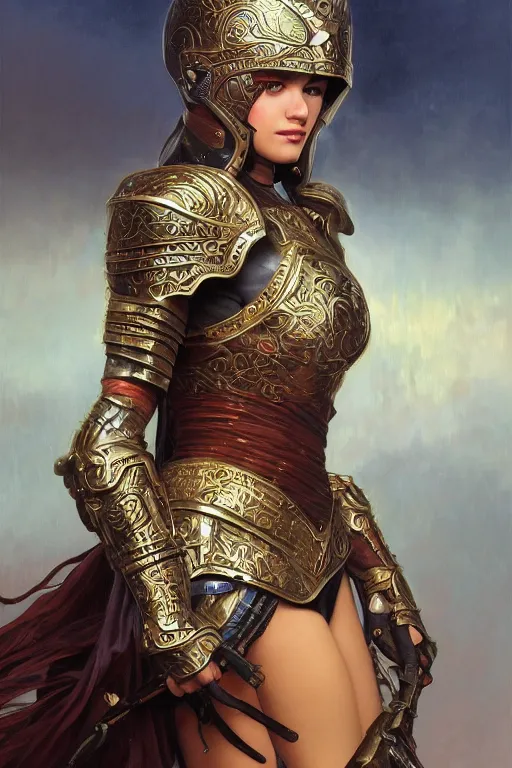 Prompt: attractive young girl, ornate metallic helmet, battle armor, olive skin, long dark hair, beautiful bone structure, elegant, highly detailed, digital painting, trending on Artstation, concept art, smooth, sharp focus, illustration, art by Gerald Brom and James Gurney and alphonse mucha
