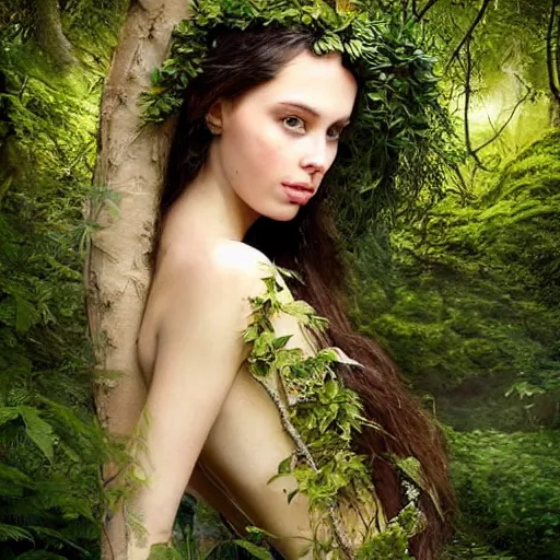 Image similar to Portrait of the beautiful goddess Lana Rhoades as a dryad, she has those characteristic sparkling green eyes, she is looking straight to the camera, she has a glow coming from her, she is getting illuminated for rays of light, behind her is an ancient forest full of life, the photo was taking by Annie Leibovitz, Ellie Victoria Gale and Steve McCurry, matte painting, oil painting, naturalism, 4k, 8k