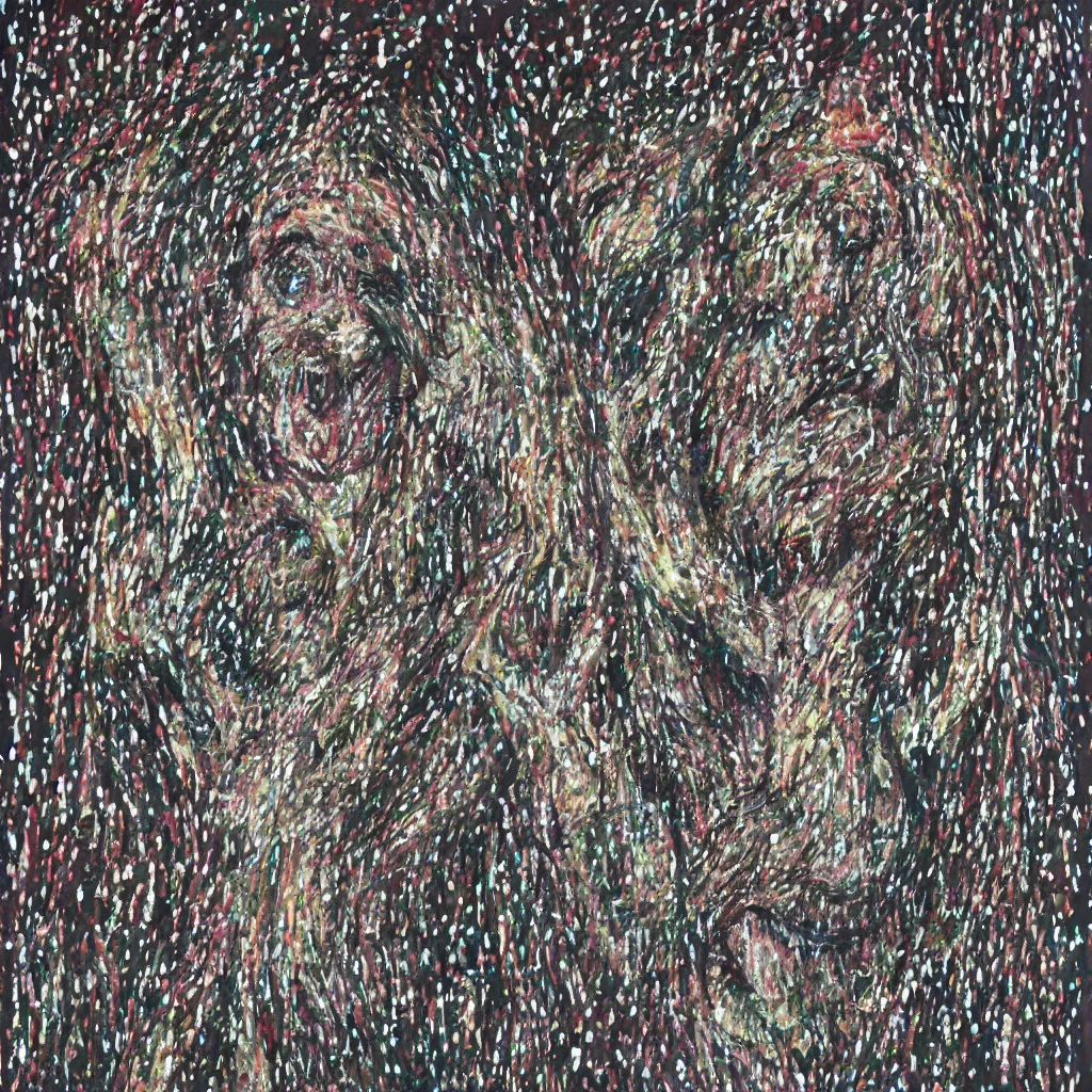 Image similar to camo made of teeth, smiling, abstract, francis bacon artwork, cryptic, dots, spots, stipple, lines, splotch, color tearing, pitch bending, faceless people, dark, ominous, eerie, hearts, minimal, points, technical, old painting, neon colors