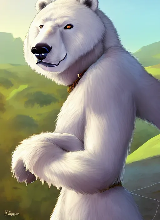 Image similar to award winning beautiful portrait commission art of a female male furry anthro polar bear fursona with a cute beautiful attractive detailed furry face wearing a summer dress at a mountain cabin. Kemono Character design by Dangan. t