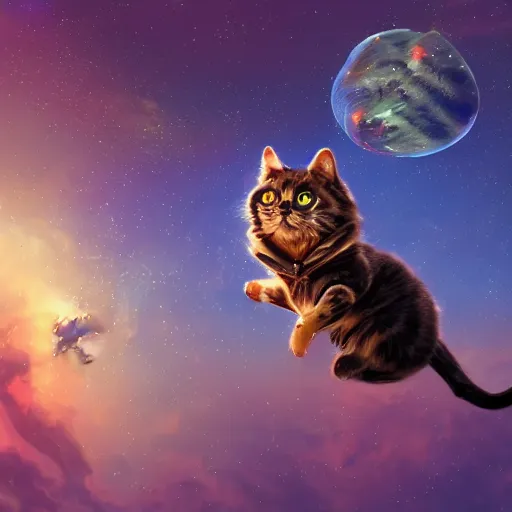 Prompt: A lazy steampunk cat jumping over the galaxy, digital illustration, concept art, 8k, trending on artstation