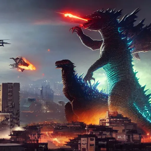 Prompt: godzilla fighting yoshi, cyberpunk city with helicopters following, highly detailed, digital painting, artstation, concept art, matte, sharp focus, illustration, art by artgerm and greg rutkowski and alphonse mucha