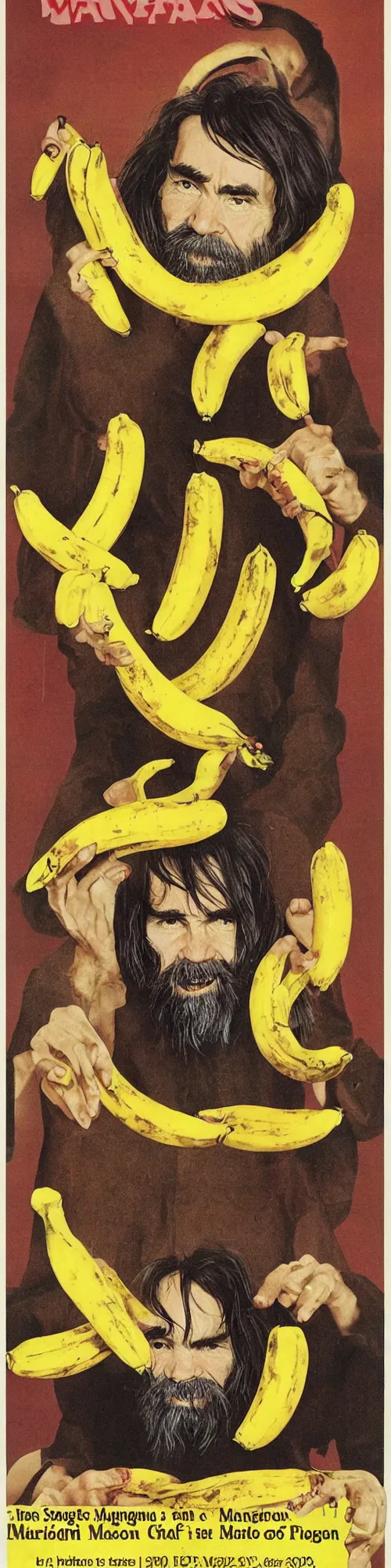 Image similar to vintage magazine advertisement depicting charles manson slipping on a banana peel, by alex grey