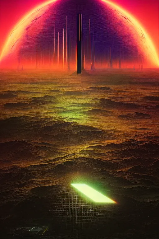 Image similar to emissary space by arthur haas and bruce pennington and john schoenherr, cinematic matte painting in the style of glitch art, minimal modern pixel sorting, zaha hadid building, photo realism, neon lights, dark moody color palate,