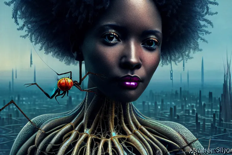 Prompt: realistic detailed closeup portrait movie shot of a beautiful black woman on a giant spider, dystopian city landscape background by denis villeneuve, amano, yves tanguy, alphonse mucha, ernst haeckel, edward robert hughes, roger dean, cyber necklace, rich moody colours, sci fi patterns, wide angle