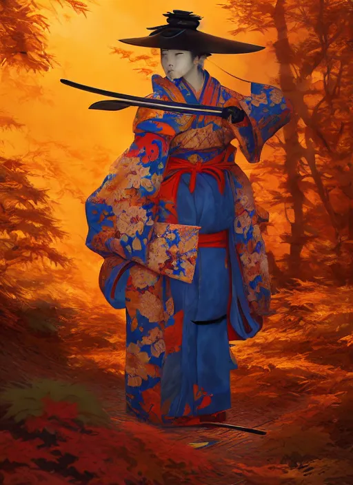 Image similar to kitsune samurai in autumn color kimono holding a blue sparrow, subsurface scattering, by jesper ejsing, justin gerard, tomasz alen kopera, cgsociety and fenghua zhong, highly detailed, rim light, cinematic lighting, illustration, art, octane render, very coherent, cinematic, hyper realism, high detail, octane render, 8 k