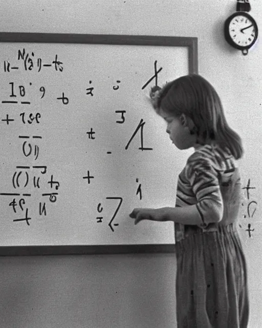 Prompt: a human-like kitten standing in from of a blackboard writing math formulae, realistic photo, 1970s