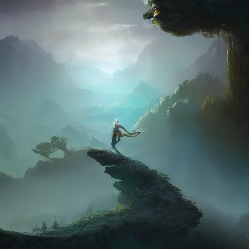 Image similar to landscape of Aloy in misty mysterious astral temple jumpin with pistol in river of chromatic SPIRITS , beautiful, dmt, trending on artstation, omnious, soft, artwork by Wong, Liam