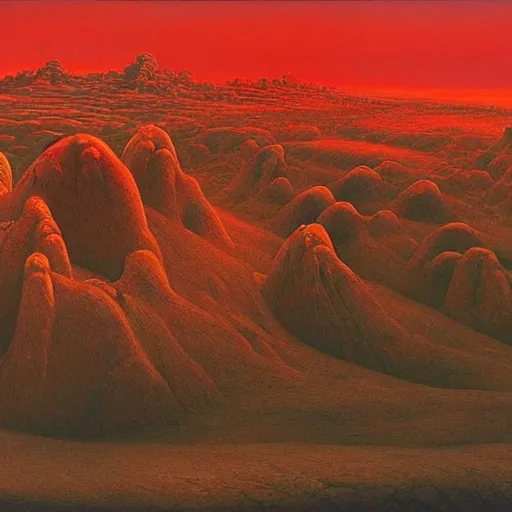 Prompt: only red colour, alien landscape filled with lithups, filigree ornaments, wadi rum, jordan, volumetric lights, beksinski