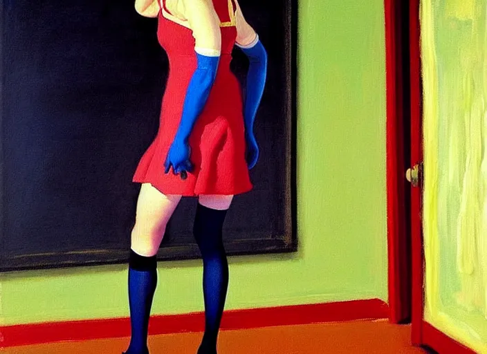 Prompt: oil painting of an annasophia robb in a learning uniform wearing stockings, teaching a lesson in a void room full of existential horror painted by Bryan Lee O'Malley and Edward Hopper, John Singer Sargant, inspired by paintings of Francis Bacon and melting color palette of Mark Rothko, Cy Twombly gestural strokes