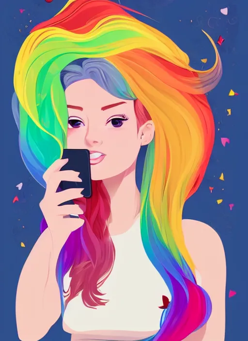 Prompt: a beautiful young woman with rainbow hair taking a selfie clean cel shaded vector art by lois van baarle, by artgerm, shutterstock, behance hd