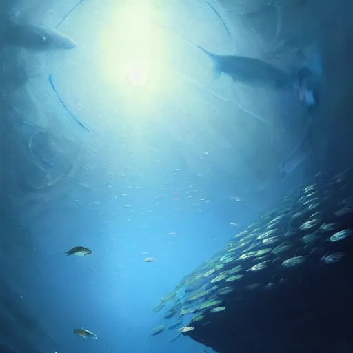 Prompt: i am at the bottom of the ocean looking up, see fishes swimming, the milk way up above, night time, midnight. highly detailed painting by, greg rutkowski 8 k