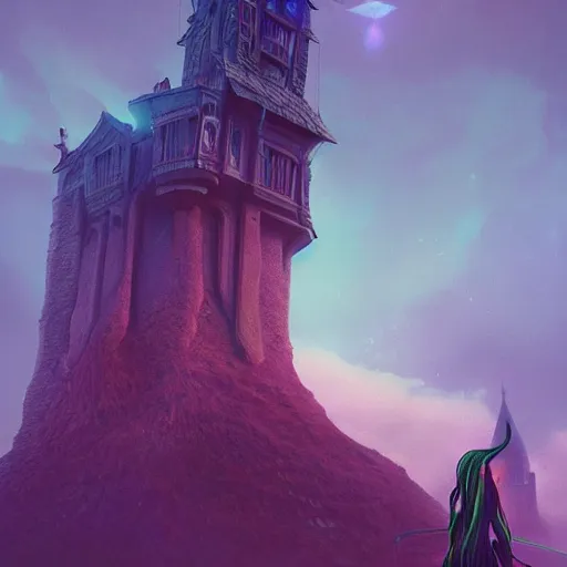 Prompt: gorgeous witch in the tower, matte painting, detailed, elden ring, oil on canvas, by beeple