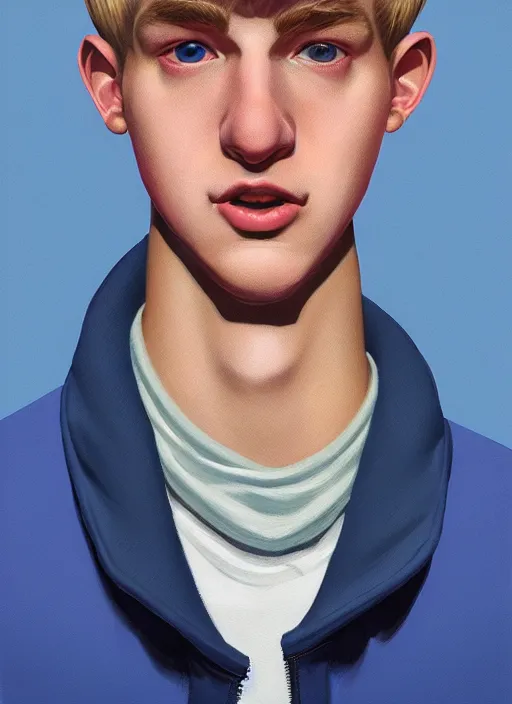 Image similar to portrait of a high school senior boy named moose mason, blonde short hair, jock, beefy, square jaw, square facial structure, 1 9 5 0 s, blue varsity jacket, intricate, elegant, glowing lights, highly detailed, digital painting, artstation, concept art, smooth, sharp focus, illustration, art by wlop, mars ravelo and greg rutkowski