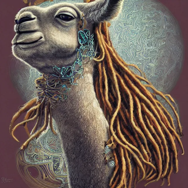 Image similar to llama with dreadlocks, art deco design, by Mandy Jurgens, Ernst Haeckel, James Jean