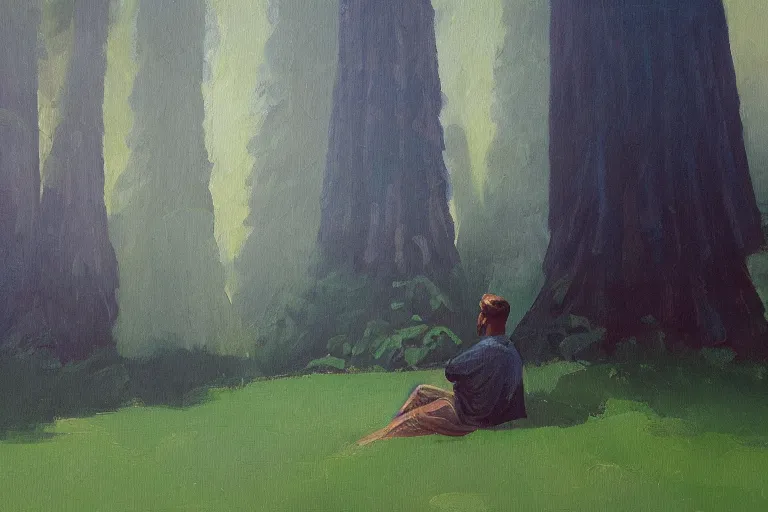 Image similar to a small figure of a man sitting under a large number of giant sequoia tress, tranquil, silent, solemn, oil painting, ethereal, minimalist