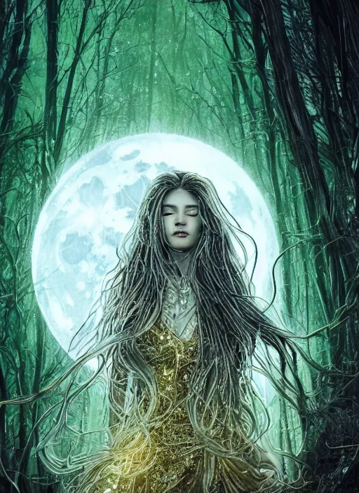 Image similar to glowing silver and golden elements, full close-up portrait, A beautiful dark witch in front of the full big moon, book cover, green forest, red white black colors, establishing shot, extremly high detail, foto realistic, cinematic lighting, pen and ink, intricate line drawings, by Yoshitaka Amano, Ruan Jia, Kentaro Miura, Artgerm, post processed, concept art, artstation, matte painting, style by eddie, raphael lacoste, alex ross