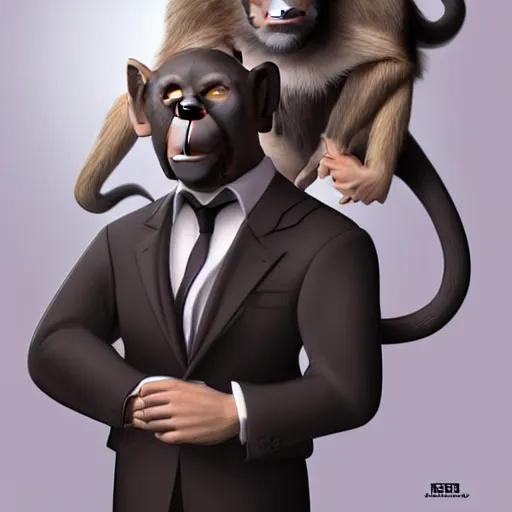 Image similar to portrait of a professional monkey!!!!!!! in a suit, studio lighting, 3 / 4 view, majestic pose, corporate business, trending on artstation, artgerm, cgsociety