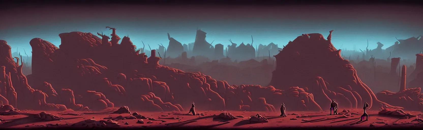 Prompt: uncanny wasteland landscape from the depths of a vast wasteland in the collective unconscious, dramatic lighting, surreal dark 1 9 3 0 s fleischer cartoon characters, surreal painting by ronny khalil